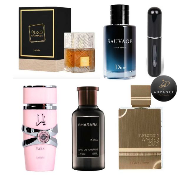 KIT 5 PERFUMES (YARA+SAUVAGE+AMBER+BHARARA+KHAMRAH)
