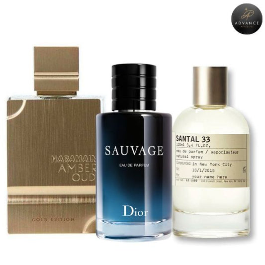 KIT 3 PERFUMES (AMBERGOLD+SAUVAGE+SANTAL)