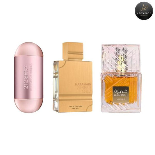 KIT 3 PERFUMES (212SEXYWOMAN+AMBEROUD+KHAMRAH)
