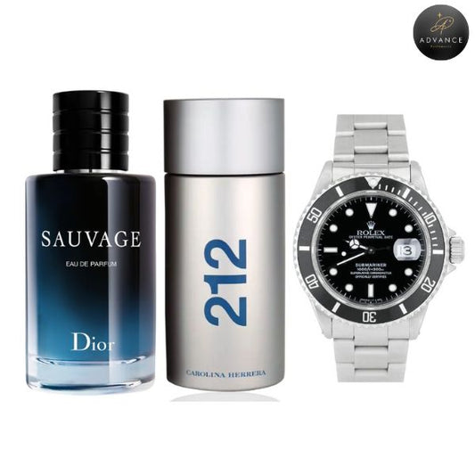 KIT 3 PERFUMES (SAUVAGE+212MEN+RELOJPLATANEGRO)