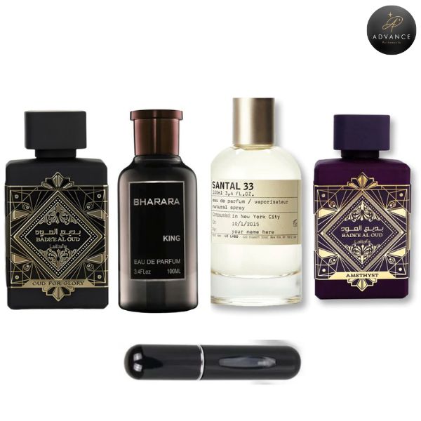 KIT 4 PERFUMES (OUDFORGLROY+BHARARA+SANTAL33+AMETHYST)