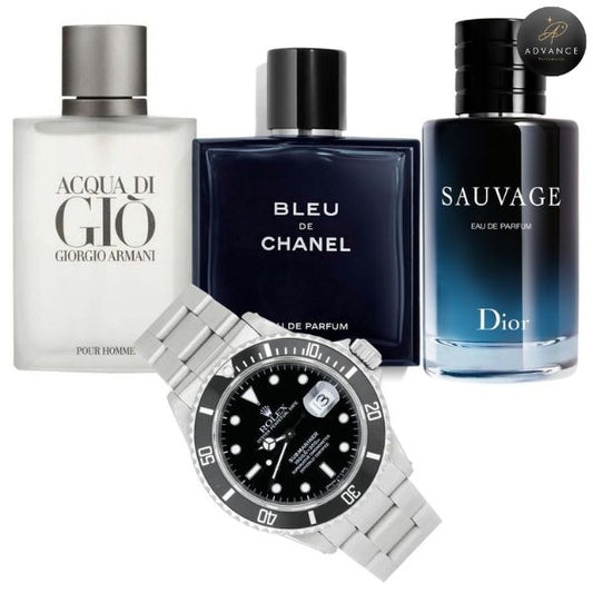 KIT 4 PERFUMES + RELOJ (ACQUAGIO+BLEU+SAUVAGE+RELOJ)