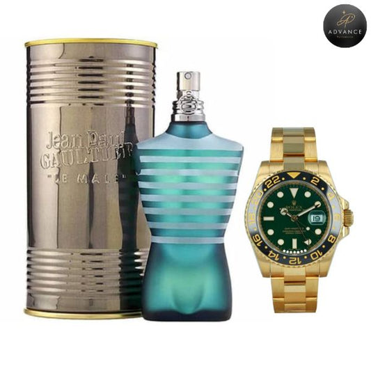 LE MALE LATA + RELOJ DORADO VERDE