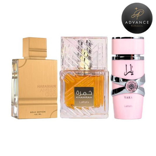 KIT 3 PERFUMES (AMBEROUD+YARA+KHAMRAH CAJA)
