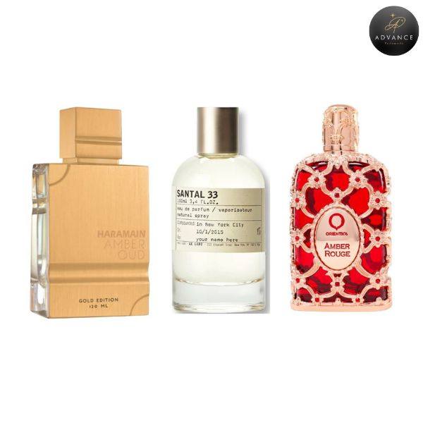 KIT 3 PERFUMES (ROUGECAJA+SANTAL33+AMBEROUDCAJA)