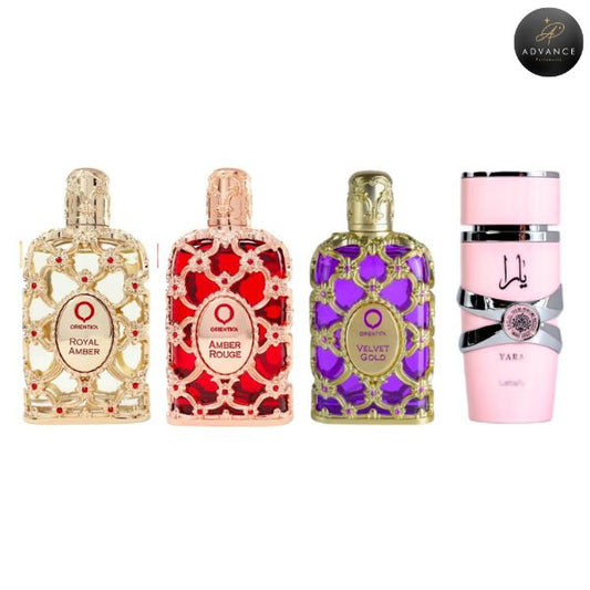 KIT 4 PERFUMES (ROYAL+ROUGE+VELVET+YARA)
