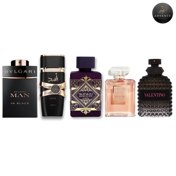 KIT 5 PERFUMES (MANINBLACK+ASAD+AMETHYST+CHANEL+BORNINROMA)