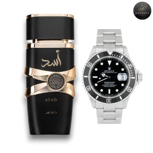 PERFUME ASAD+RELOJPLATANEGRO