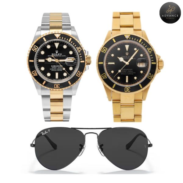 2 RELOJES DORADONEGRO+BICOLOR+1GAFAS RAYB