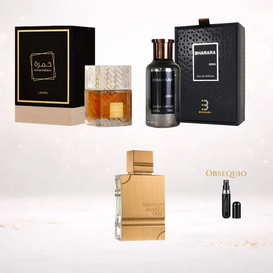 Kit Exclusivo 3x2 Bharara King · Khamrah · Haramain Gold